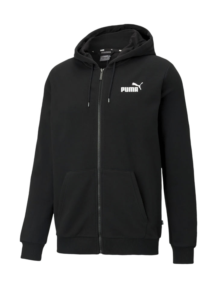 Sudadera negra PUMA con capucha y cierre frontal completo.