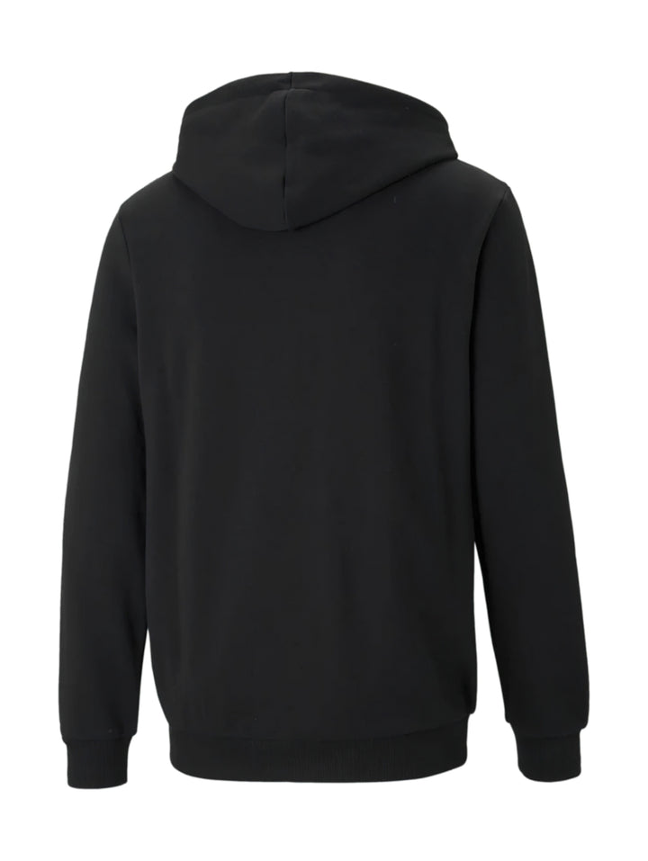 Sudadera negra PUMA con capucha y cierre frontal completo.