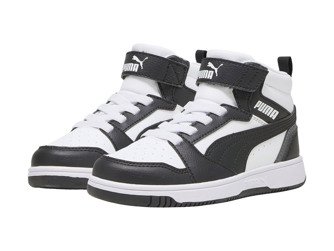 Tenis PUMA Rebound V6 Mid Blancos y Negros para Niño
