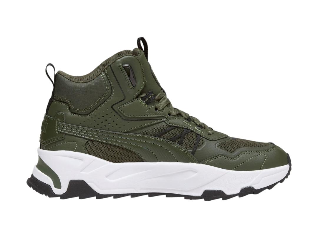 Tenis PUMA Trinity Mid Hybrid en color verde mirto con suela blanca y detalles negros, diseño de corte medio.