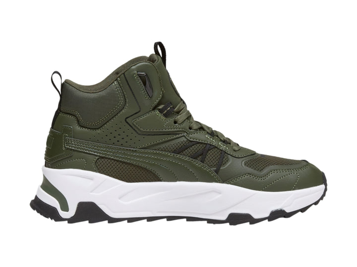 Tenis PUMA Trinity Mid Hybrid en color verde mirto con suela blanca y detalles negros, diseño de corte medio.