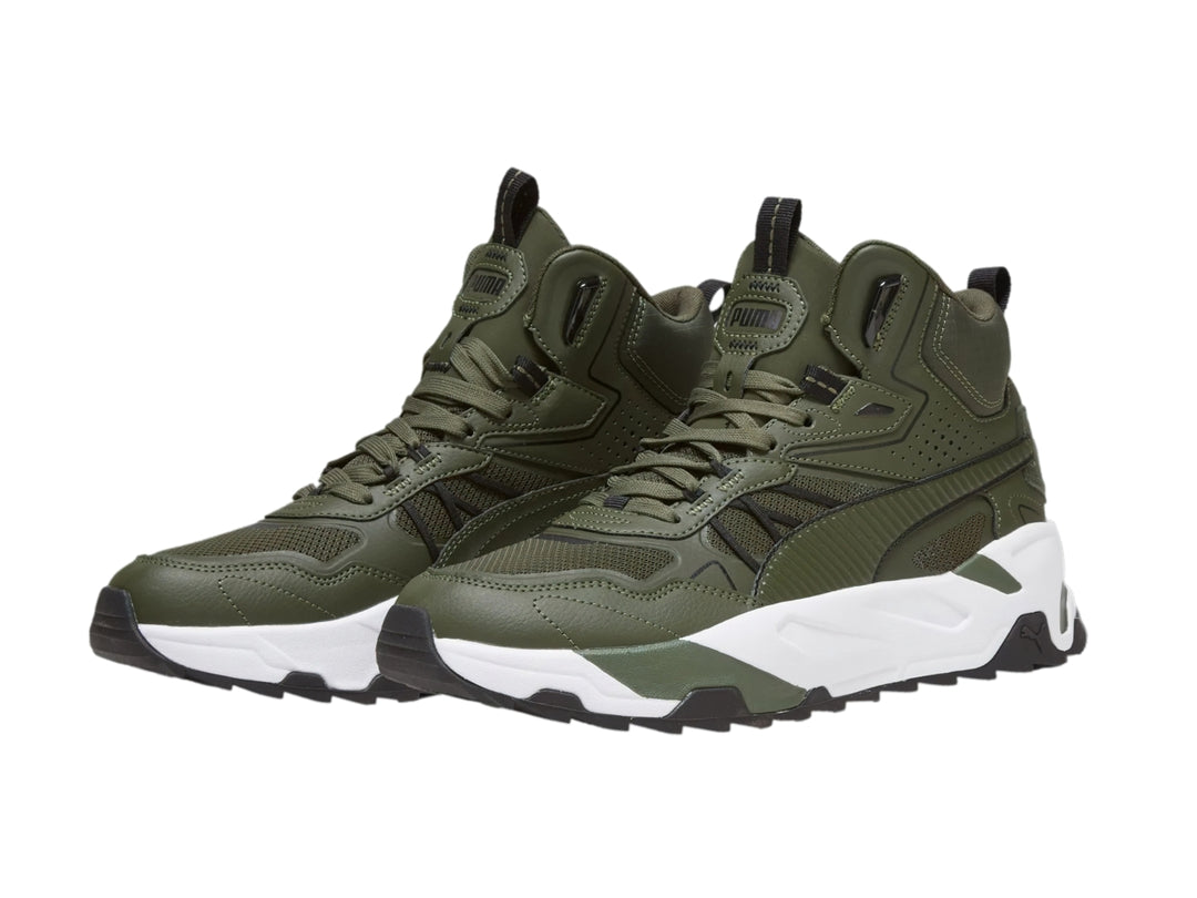 Tenis PUMA Trinity Mid Hybrid en color verde mirto con suela blanca y detalles negros, diseño de corte medio.