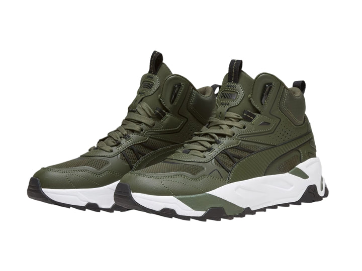 Tenis PUMA Trinity Mid Hybrid en color verde mirto con suela blanca y detalles negros, diseño de corte medio.