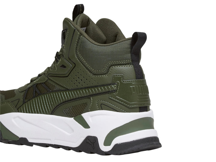 Tenis PUMA Trinity Mid Hybrid en color verde mirto con suela blanca y detalles negros, diseño de corte medio.
