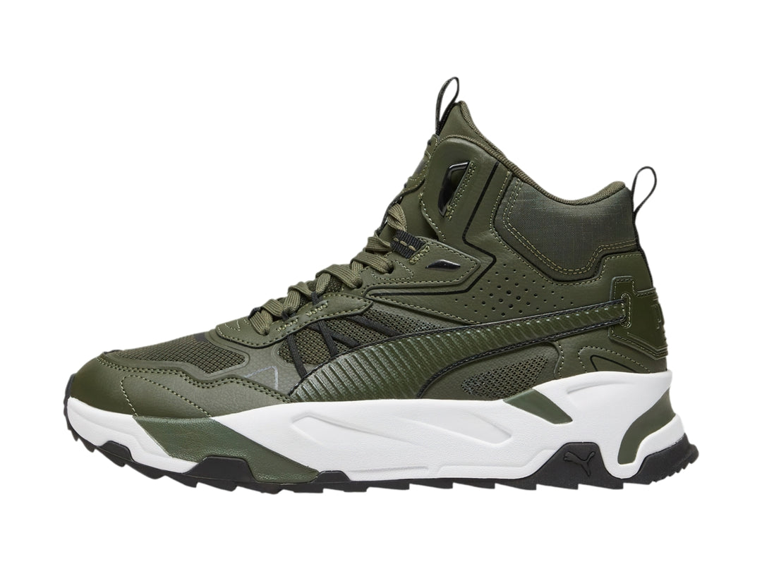 Tenis PUMA Trinity Mid Hybrid en color verde mirto con suela blanca y detalles negros, diseño de corte medio.