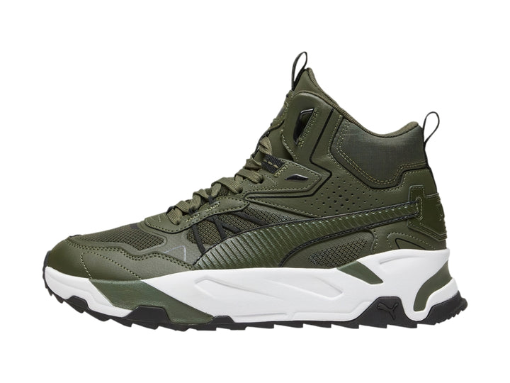 Tenis PUMA Trinity Mid Hybrid en color verde mirto con suela blanca y detalles negros, diseño de corte medio.