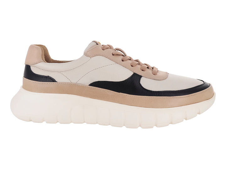Tenis Quirelli multicolor beige con suela blanca de plataforma ancha y detalles en negro.
