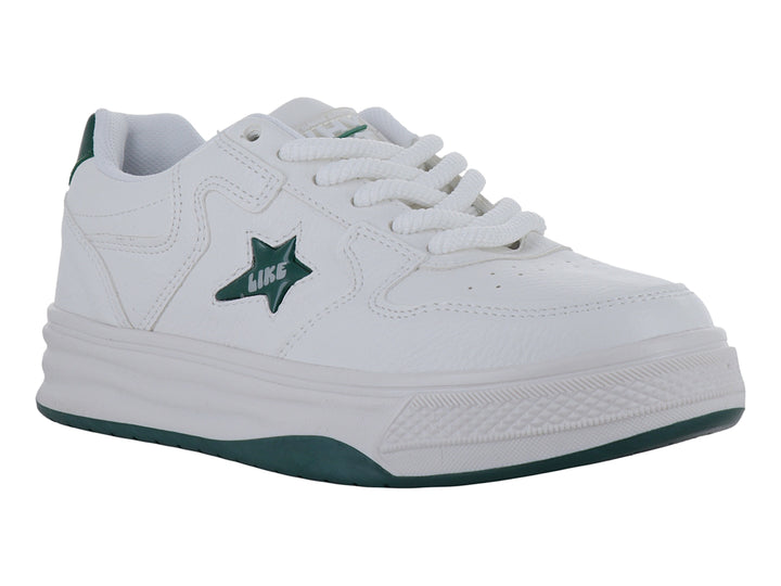 Tenis deportivos Clasben modelo Sidney en color blanco con detalles y estrella en verde.
