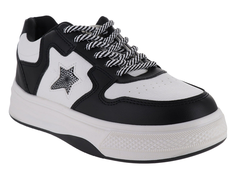 Tenis deportivos Clasben Sidney en color blanco y negro con suela de plataforma y detalle de estrella lateral.