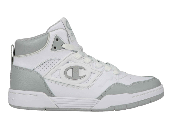 Tenis deportivos de bota alta marca Champion en colores blanco y gris.