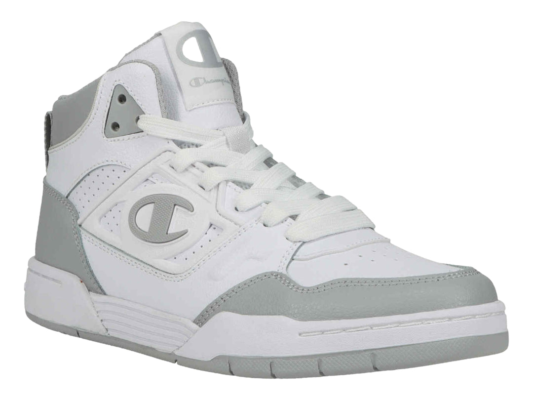 Tenis deportivos de bota alta marca Champion en colores blanco y gris.