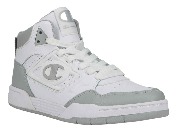 Tenis deportivos de bota alta marca Champion en colores blanco y gris.