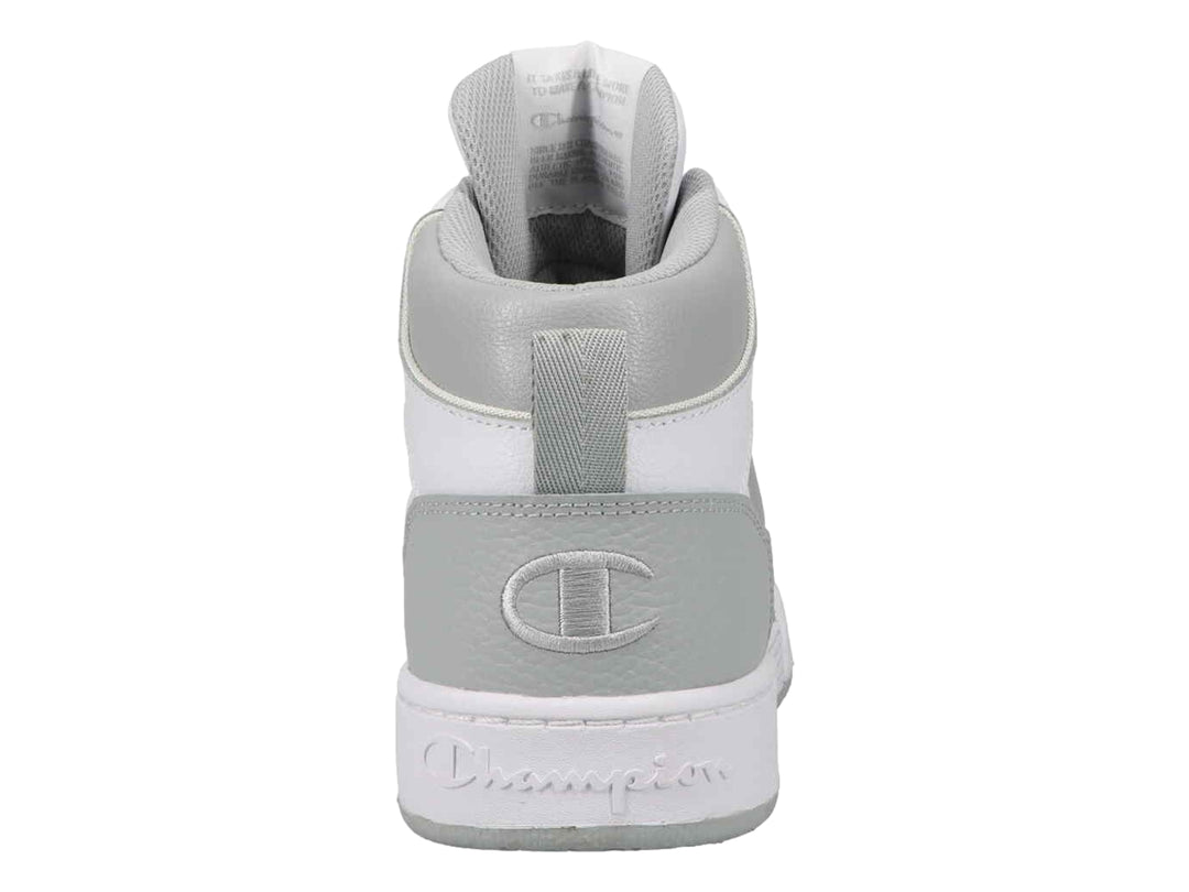 Tenis deportivos de bota alta marca Champion en colores blanco y gris.