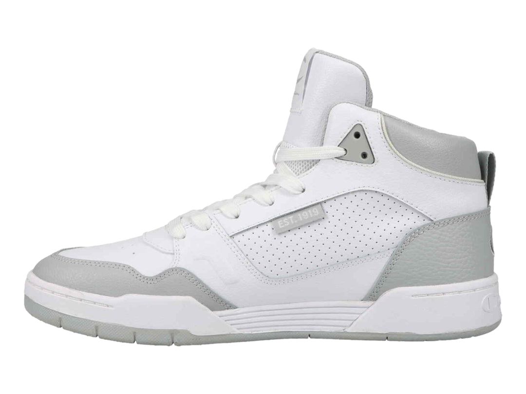 Tenis deportivos de bota alta marca Champion en colores blanco y gris.