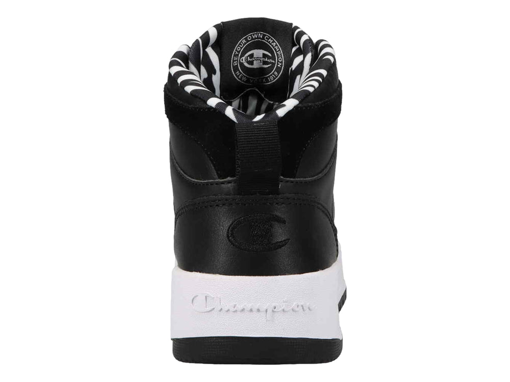 Tenis Champion de cuello alto en color negro con suela blanca y detalle de patrón cebra en el interior.