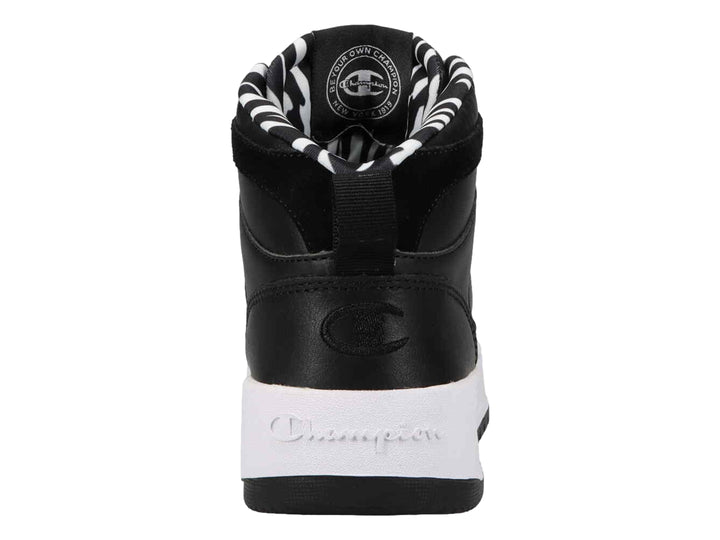 Tenis Champion de cuello alto en color negro con suela blanca y detalle de patrón cebra en el interior.