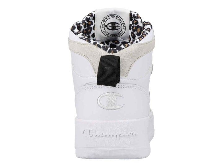 Tenis Champion blancos de corte alto con detalles en dorado y estampado de leopardo en el cuello.