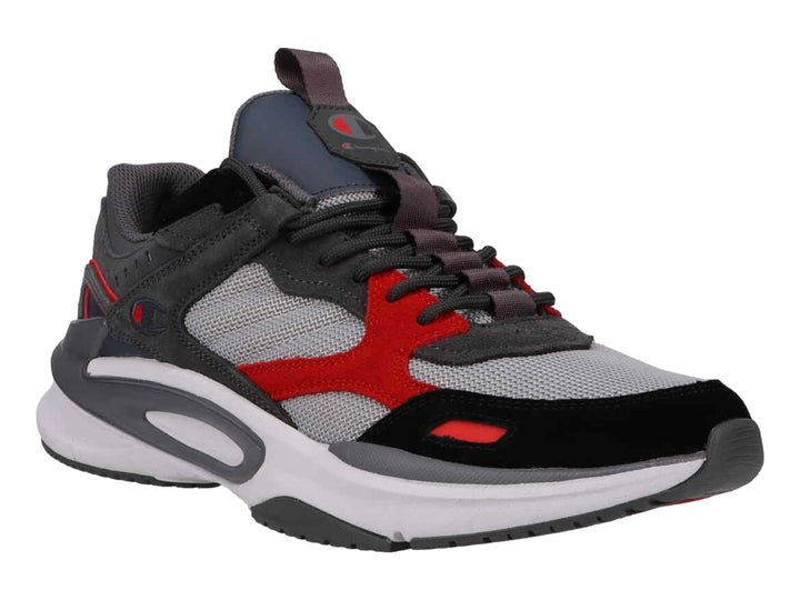 Tenis deportivos Champion en colores gris, negro y rojo con suela blanca gruesa.