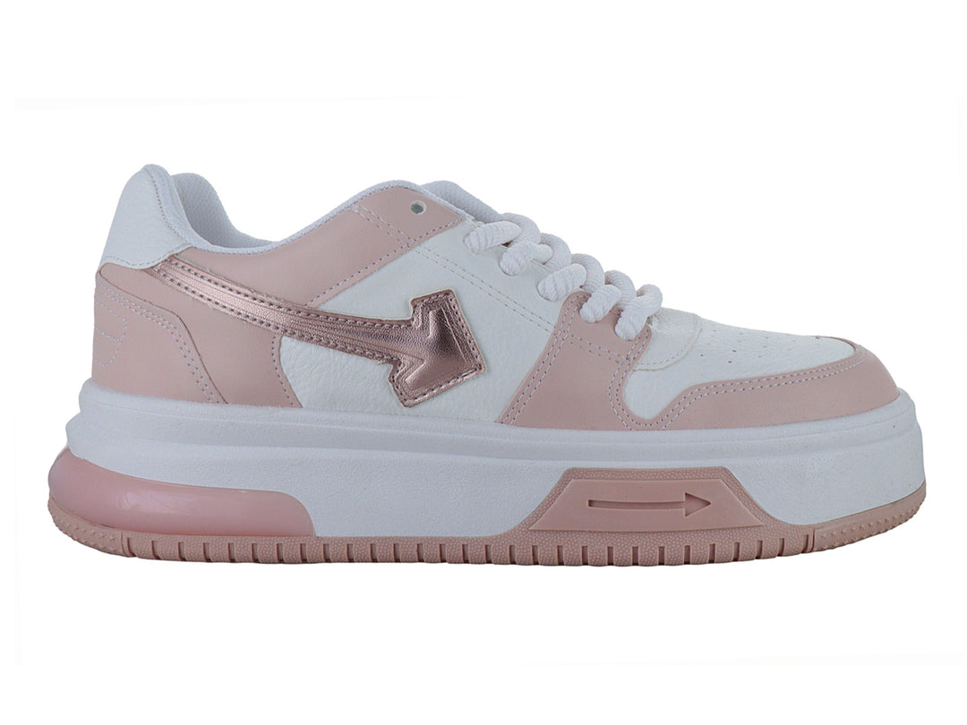 Tenis deportivos de plataforma en colores blanco y rosa oro con detalles brillantes.