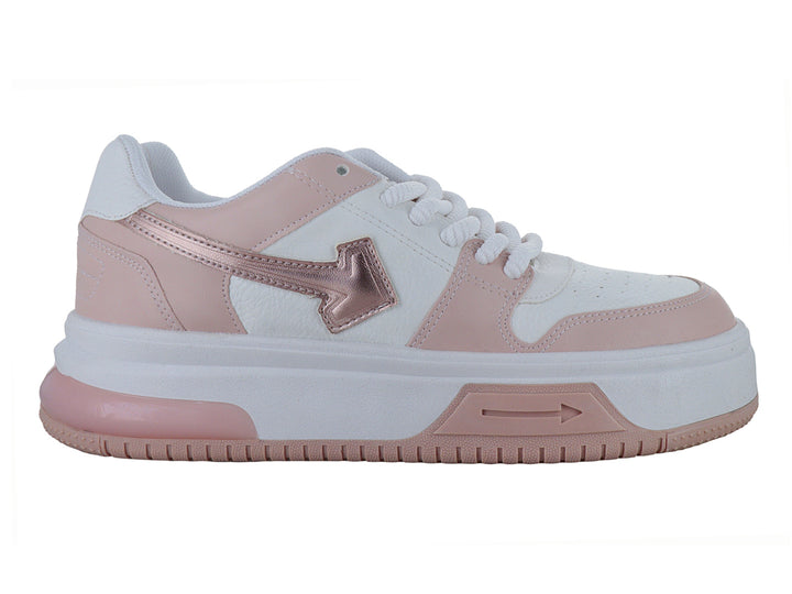 Tenis deportivos de plataforma en colores blanco y rosa oro con detalles brillantes.