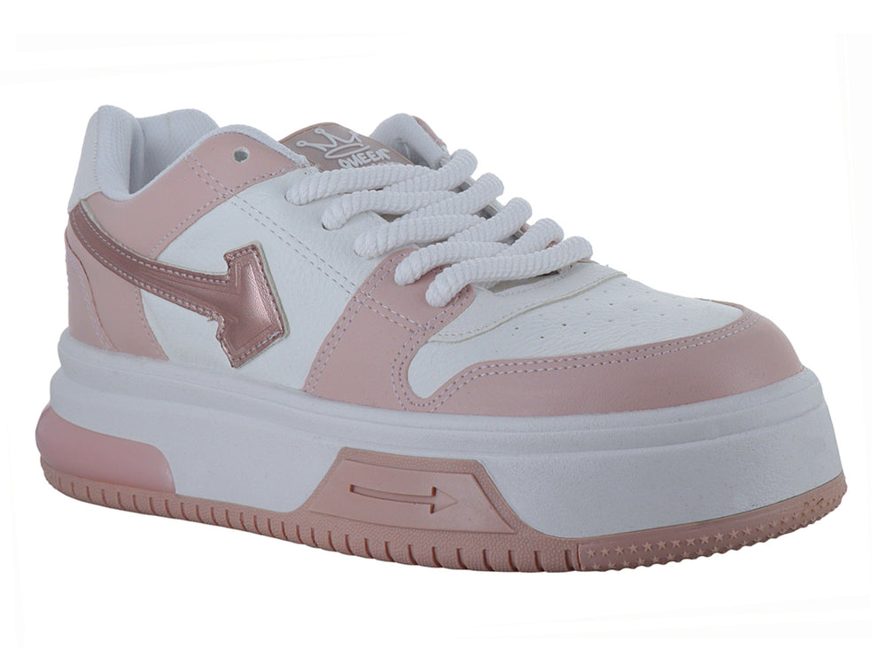 Tenis deportivos de plataforma en colores blanco y rosa oro con detalles brillantes.