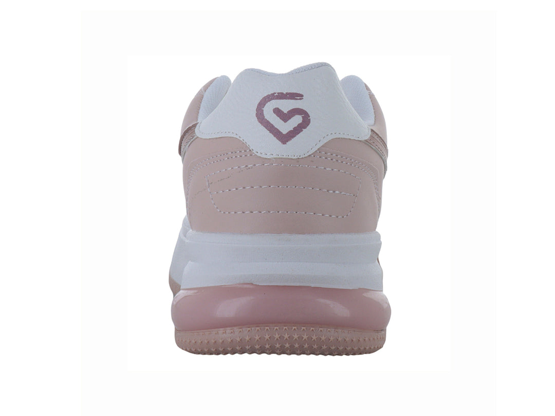 Tenis deportivos de plataforma en colores blanco y rosa oro con detalles brillantes.