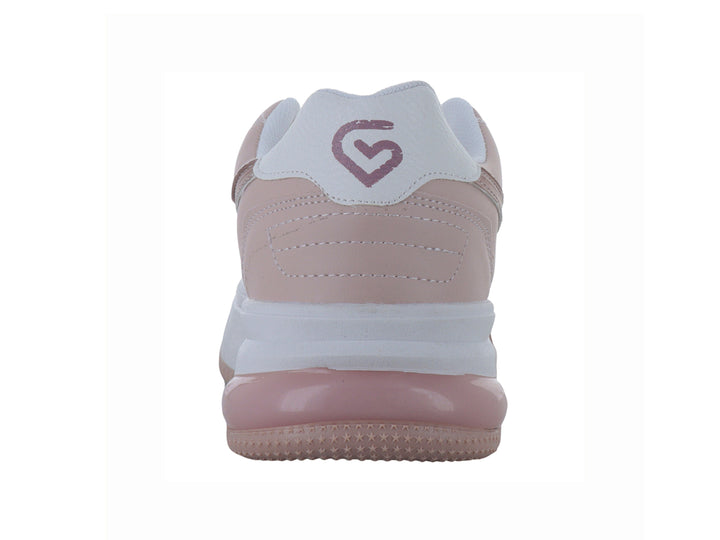 Tenis deportivos de plataforma en colores blanco y rosa oro con detalles brillantes.