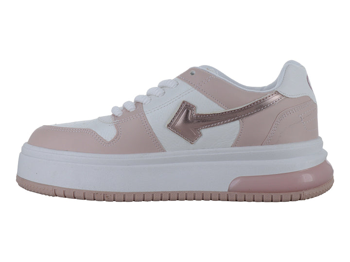 Tenis deportivos de plataforma en colores blanco y rosa oro con detalles brillantes.
