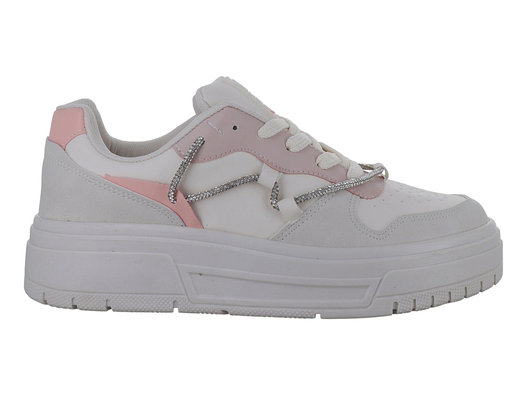 Tenis blancos y rosas con suela de plataforma y detalles brillantes en los costados.