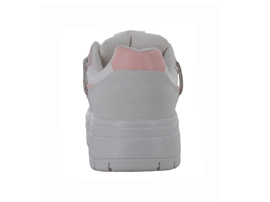 Tenis blancos y rosas con suela de plataforma y detalles brillantes en los costados.