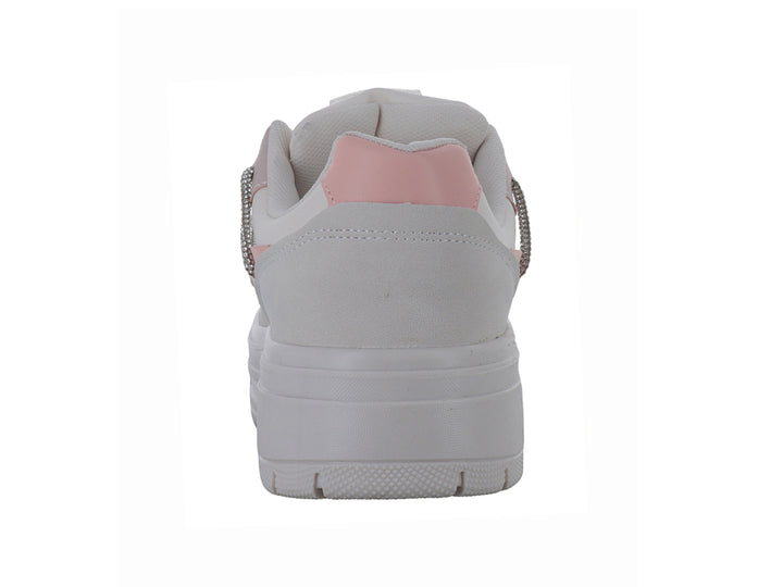 Tenis blancos y rosas con suela de plataforma y detalles brillantes en los costados.