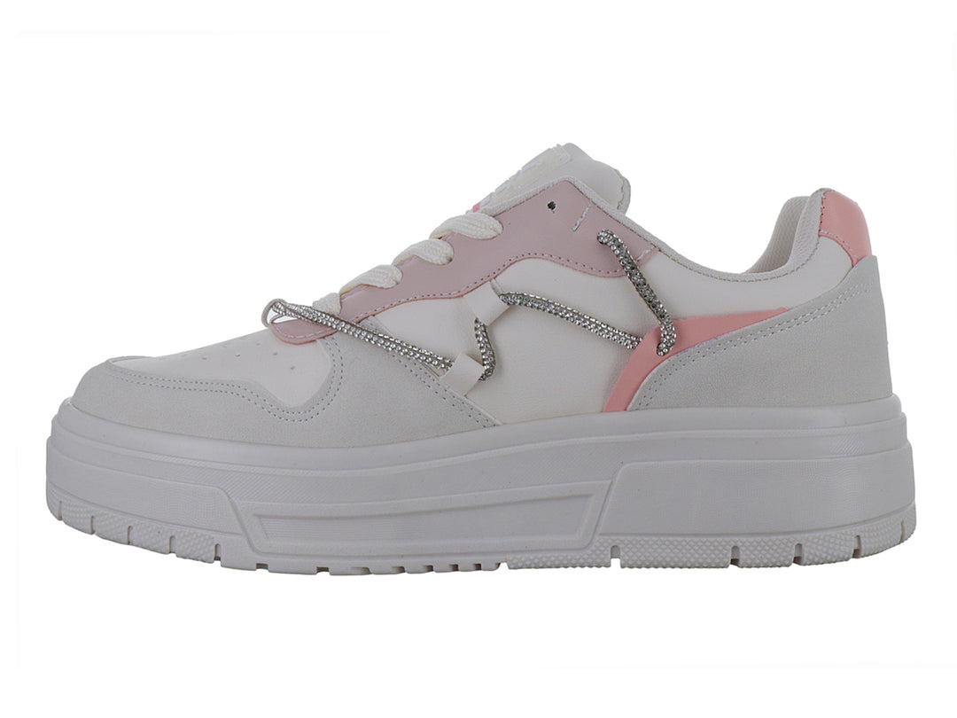 Tenis blancos y rosas con suela de plataforma y detalles brillantes en los costados.