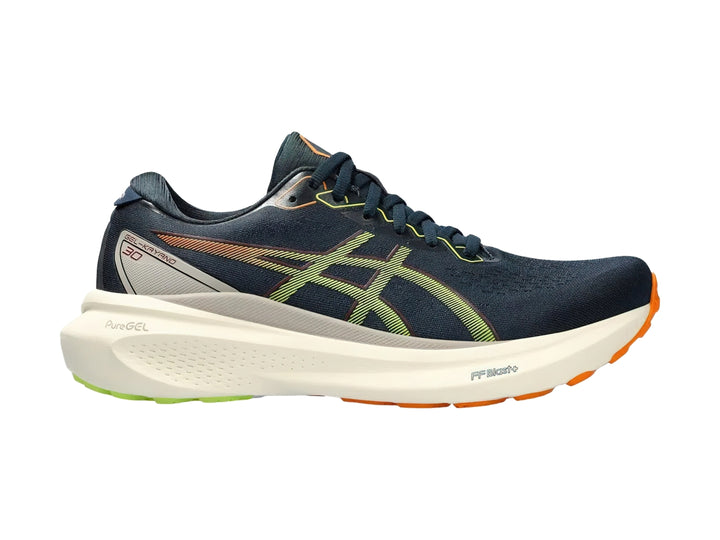 Tenis deportivos ASICS Gel-Kayano 30 color azul francés con suela blanca y detalles en verde neón.