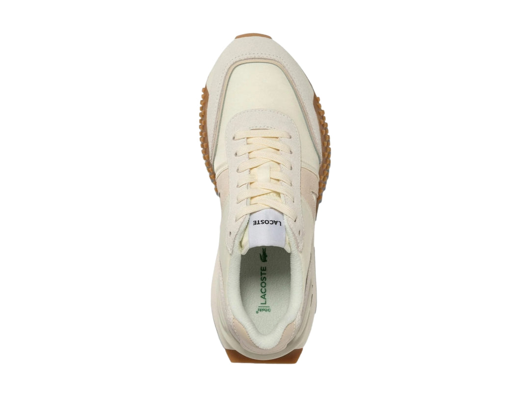 Tenis Lacoste L-Spin Deluxe en tonos blanco roto y beige con suela de goma marrón.