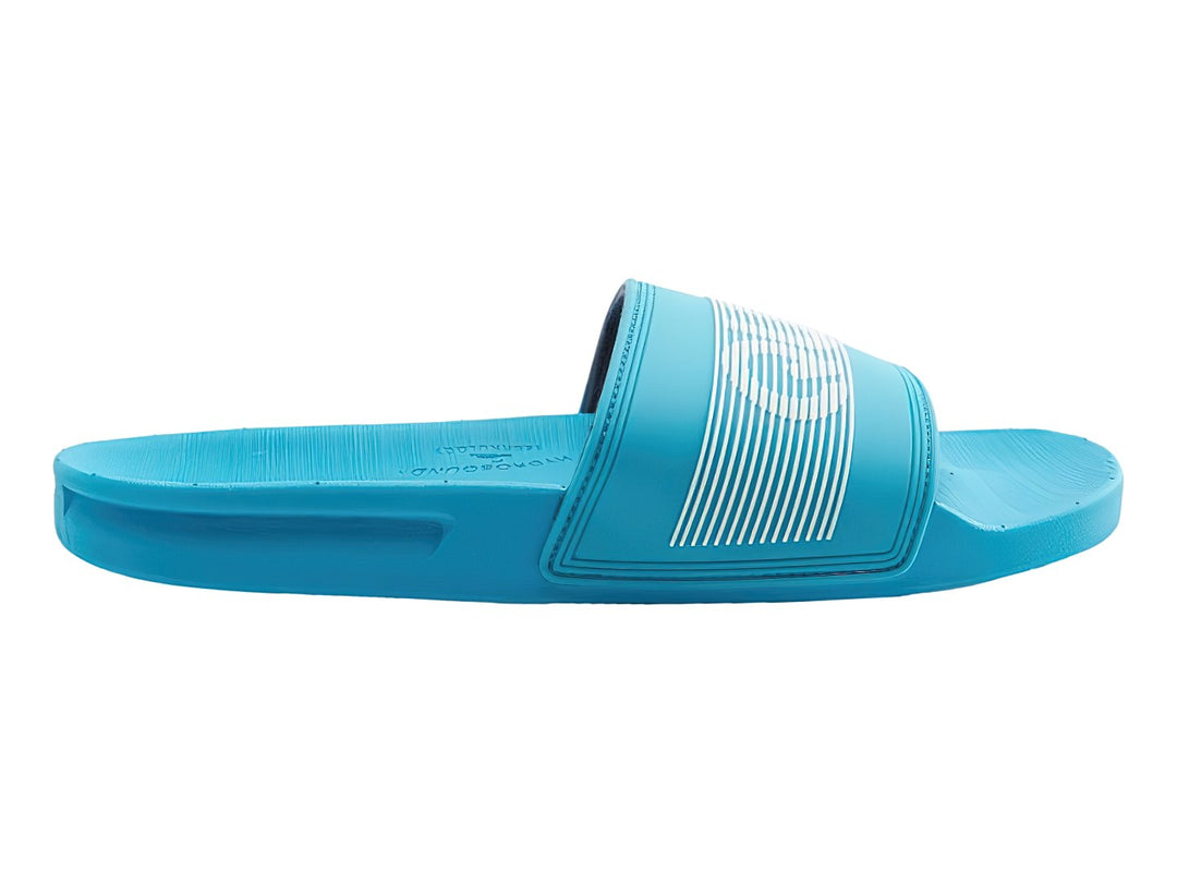 Sandalia deslizante Quiksilver de color azul con detalles de rayas blancas en la correa.