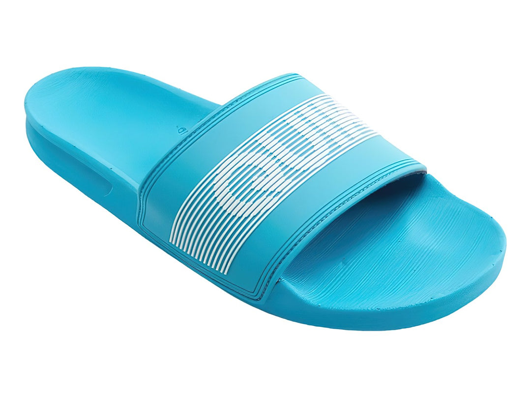 Sandalia deslizante Quiksilver de color azul con detalles de rayas blancas en la correa.