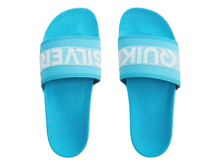 Sandalia deslizante Quiksilver de color azul con detalles de rayas blancas en la correa.