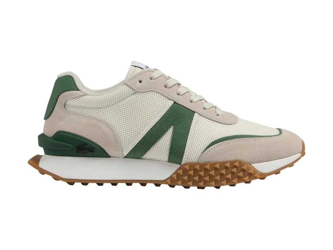 Tenis Lacoste L-Spin Deluxe en color blanco con detalles verdes y suela café dentada.