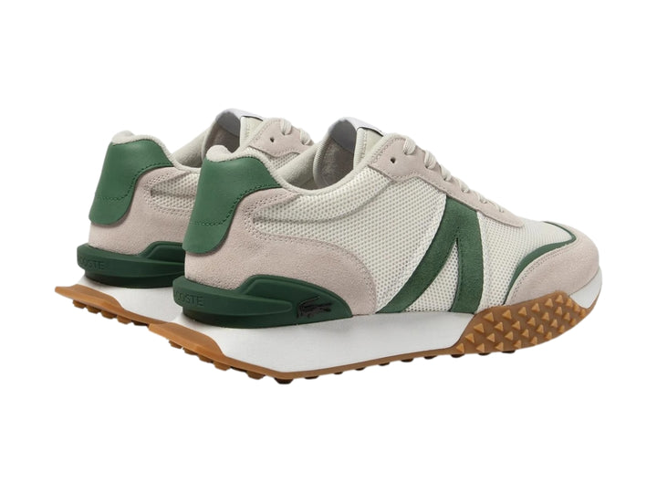 Tenis Lacoste L-Spin Deluxe en color blanco con detalles verdes y suela café dentada.