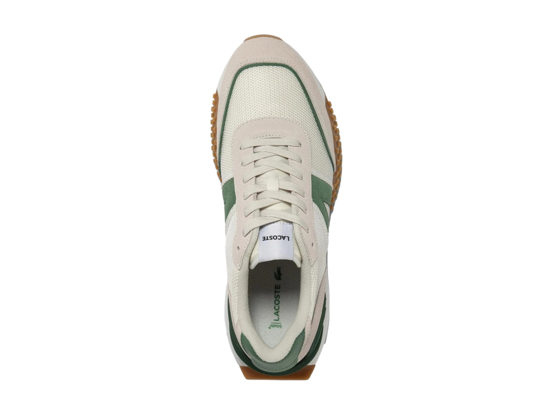 Tenis Lacoste L-Spin Deluxe en color blanco con detalles verdes y suela café dentada.