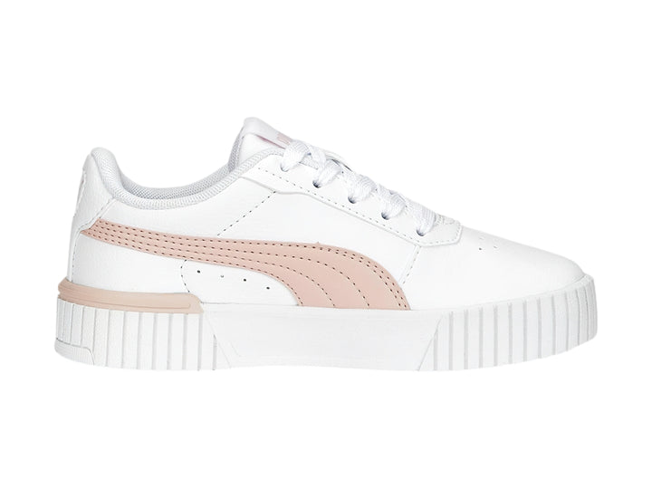 Tenis PUMA Carina 2.0 en color blanco con detalles en rosa pálido y suela blanca ancha.