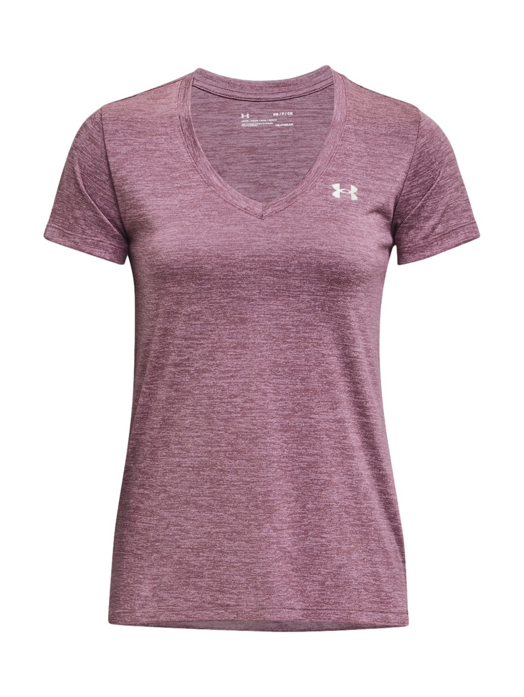 Camiseta deportiva Under Armour color morado jaspeado con cuello en V y manga corta.