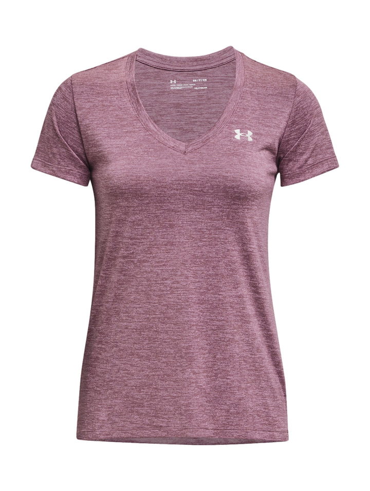 Camiseta deportiva Under Armour color morado jaspeado con cuello en V y manga corta.