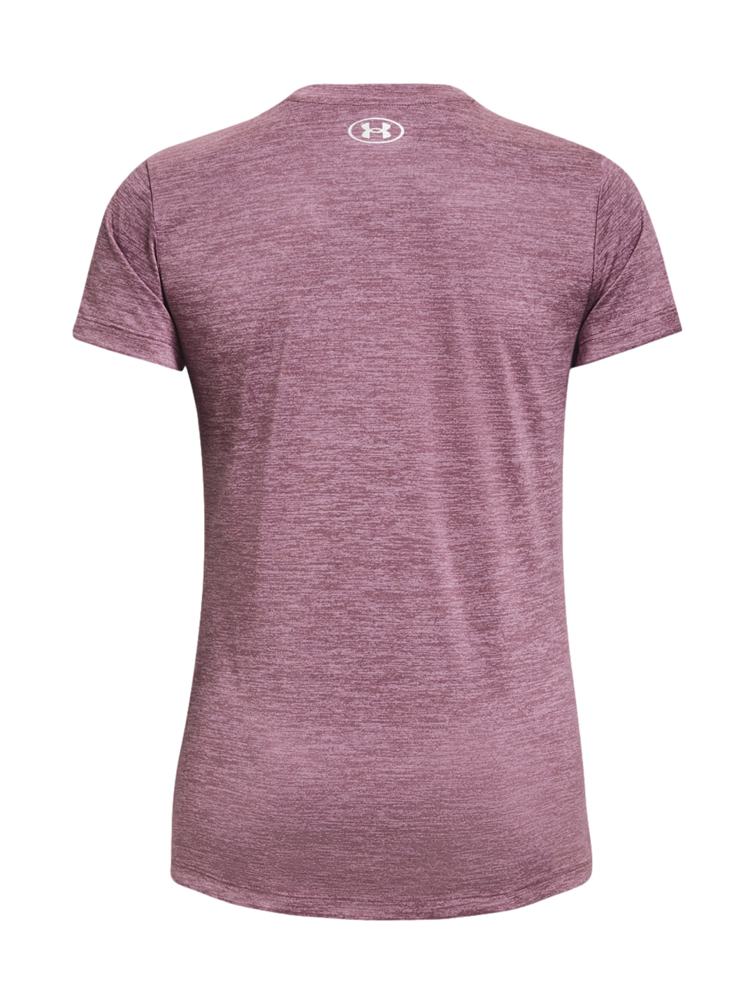 Camiseta deportiva Under Armour color morado jaspeado con cuello en V y manga corta.