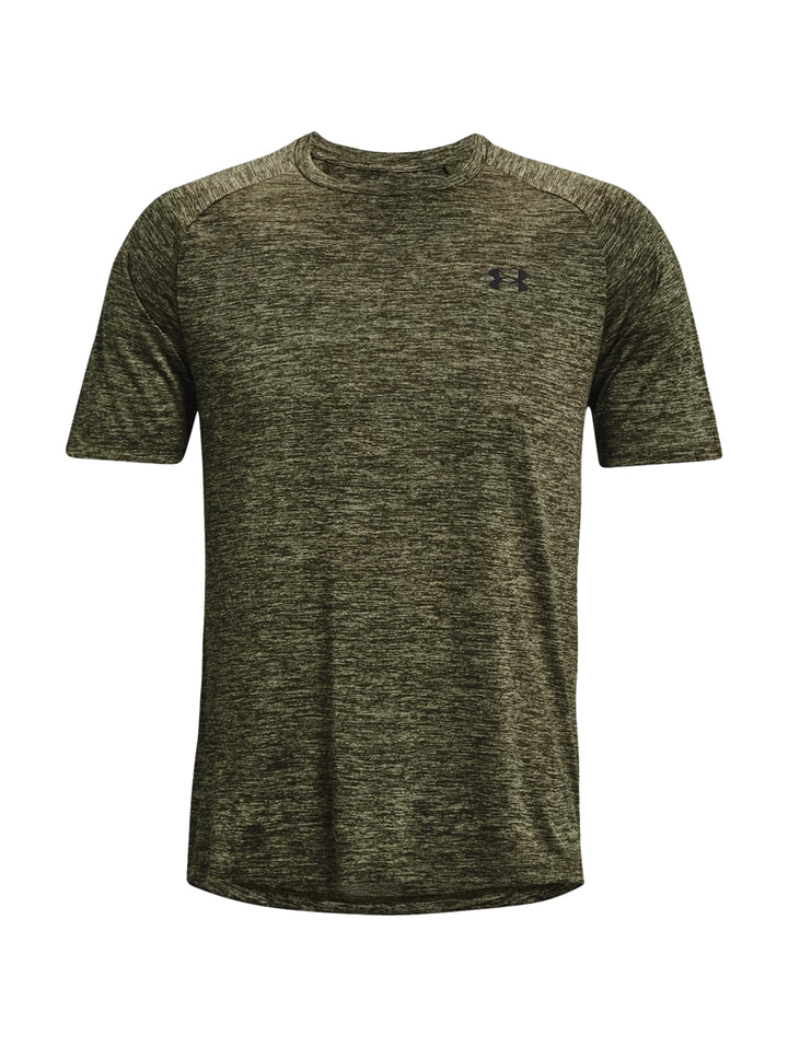 Camiseta deportiva Under Armour de manga corta en color verde oliva jaspeado.