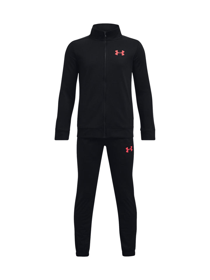 Conjunto deportivo Under Armour de dos piezas en color negro, incluye chaqueta con cierre y pantalones.
