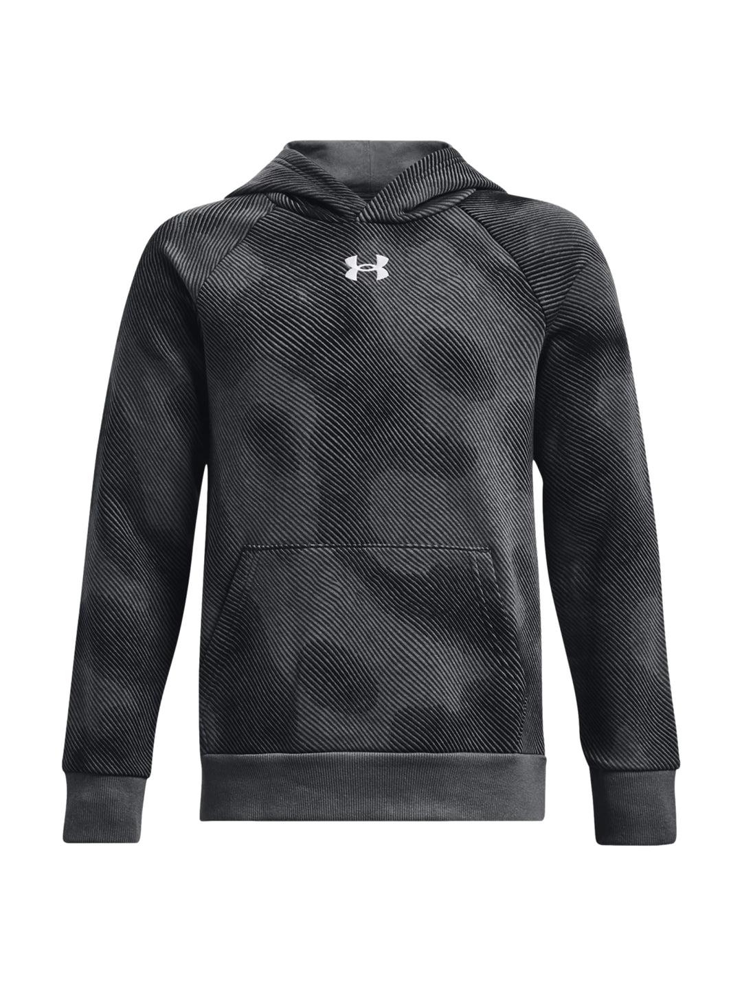 Sudadera deportiva Under Armour color negro con estampado sutil, capucha y bolsillo frontal.
