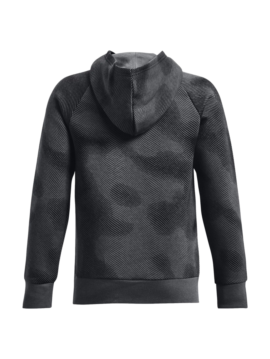 Sudadera deportiva Under Armour color negro con estampado sutil, capucha y bolsillo frontal.