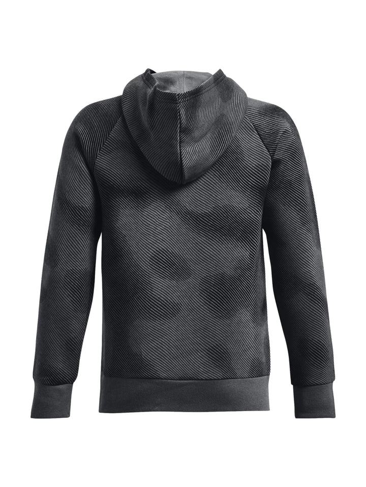 Sudadera deportiva Under Armour color negro con estampado sutil, capucha y bolsillo frontal.