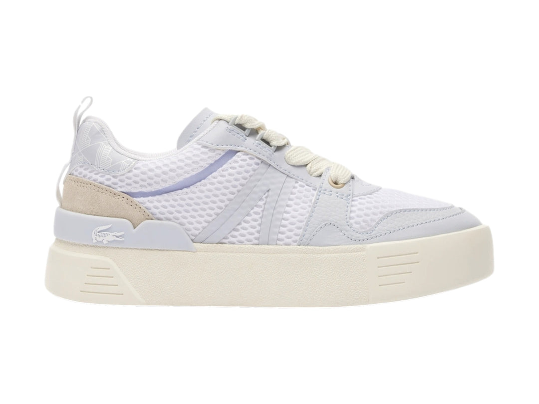 Tenis Lacoste de plataforma en color blanco y turquesa claro con detalles de malla y suela gruesa.